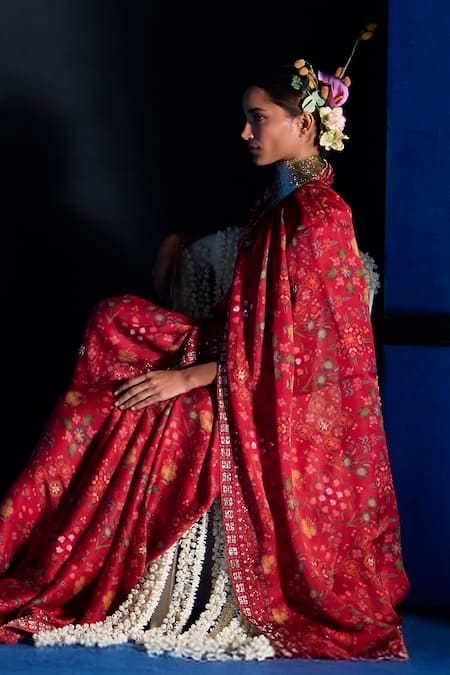 The Whole Nine Yards_Red Satin, Organza Embroidery, Beads, Forever Begins Printed Saree With Blouse _Online_at_Aza_Fashions