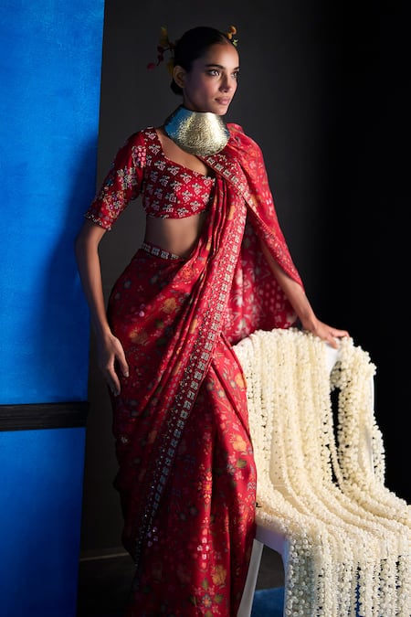 Buy_The Whole Nine Yards_Red Satin, Organza Embroidery, Beads, Forever Begins Printed Saree With Blouse _Online_at_Aza_Fashions