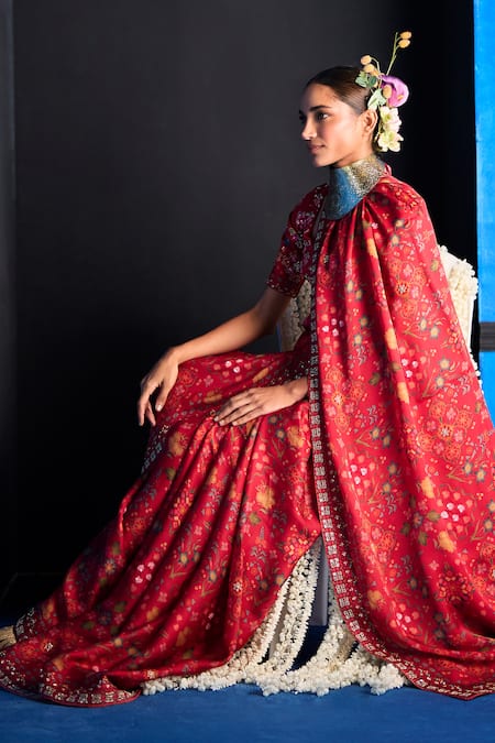 Shop_The Whole Nine Yards_Red Satin, Organza Embroidery, Beads, Forever Begins Printed Saree With Blouse _Online_at_Aza_Fashions