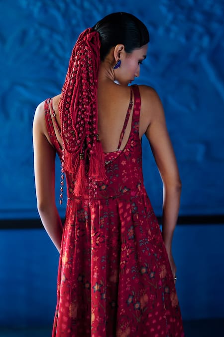 The Whole Nine Yards_Red Satin, Organza Embroidery The Inner Circle Printed Anarkali Sharara Set _Online_at_Aza_Fashions