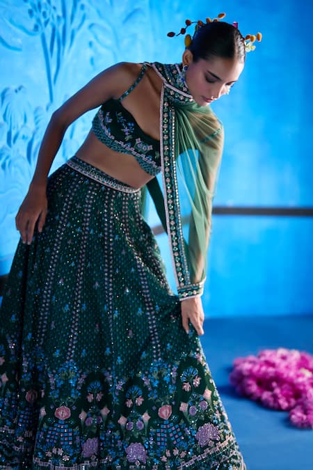 The Whole Nine Yards_Emerald Green Satin, Dupion, Net Beads, Her Secret Garden Printed Lehenga Set _Online_at_Aza_Fashions