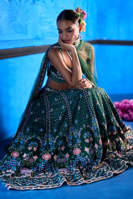 Shop_The Whole Nine Yards_Emerald Green Satin, Dupion, Net Beads, Her Secret Garden Printed Lehenga Set _Online_at_Aza_Fashions