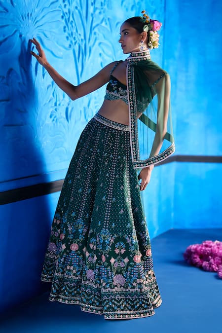 The Whole Nine Yards_Emerald Green Satin, Dupion, Net Beads, Her Secret Garden Printed Lehenga Set _at_Aza_Fashions