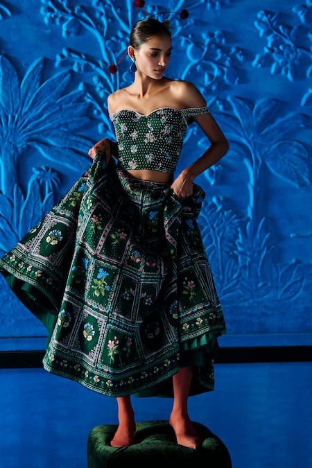 Shop The Whole Nine Yards Emerald Green Satin, Dupion Beads, In Her Reverie Printed Lehenga With Corset Online at Aza Fashions Shop_The Whole Nine Yards_Emerald Green Satin, Dupion Beads, In Her Reverie Printed Lehenga With Corset _Online_at_Aza_Fashions