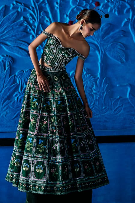 The Whole Nine Yards Emerald Green Satin, Dupion Beads, In Her Reverie Printed Lehenga With Corset at Aza Fashions The Whole Nine Yards_Emerald Green Satin, Dupion Beads, In Her Reverie Printed Lehenga With Corset _at_Aza_Fashions