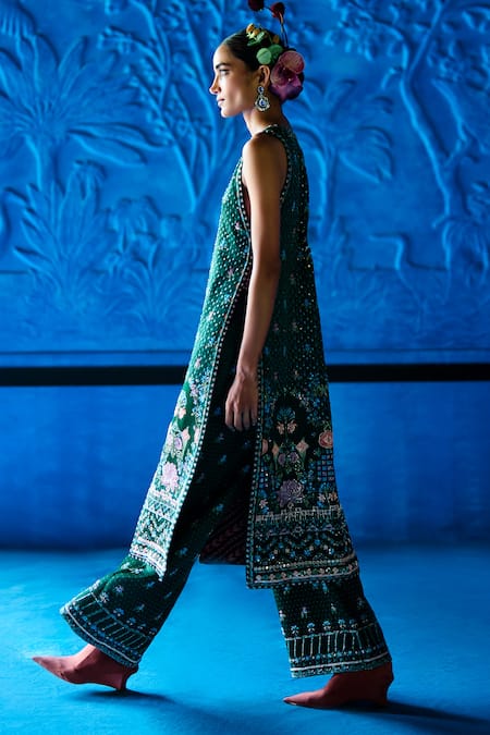 The Whole Nine Yards_Emerald Green Satin, Dupion Embroidery, The Soiree Printed Jacket With Palazzo _Online_at_Aza_Fashions