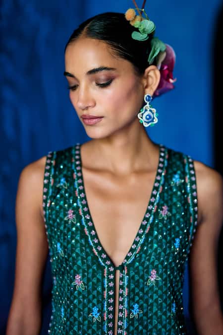 Buy_The Whole Nine Yards_Emerald Green Satin, Dupion Embroidery, The Soiree Printed Jacket With Palazzo _Online_at_Aza_Fashions