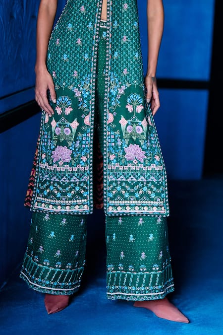 Shop_The Whole Nine Yards_Emerald Green Satin, Dupion Embroidery, The Soiree Printed Jacket With Palazzo _Online_at_Aza_Fashions