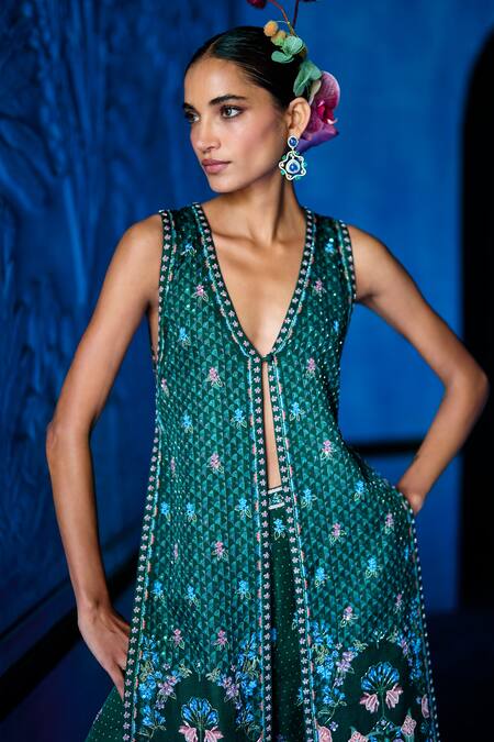 The Whole Nine Yards_Emerald Green Satin, Dupion Embroidery, The Soiree Printed Jacket With Palazzo _at_Aza_Fashions