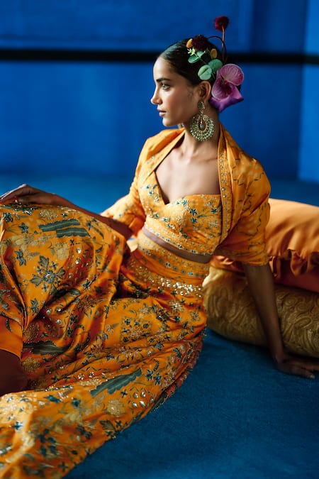 The Whole Nine Yards_Yellow Satin, Dupion Beads, Sequins, Embroidery Golden Hour Printed Lehenga Set _Online_at_Aza_Fashions