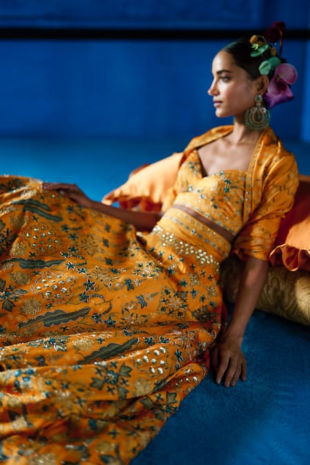Buy_The Whole Nine Yards_Yellow Satin, Dupion Beads, Sequins, Embroidery Golden Hour Printed Lehenga Set _Online_at_Aza_Fashions