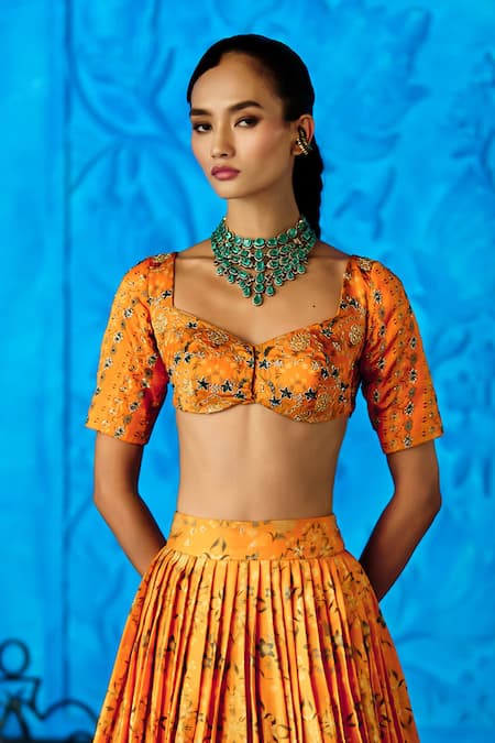 The Whole Nine Yards_Yellow Satin, Organza Foil Printing, Marigold Muse Printed Lehenga Set _Online_at_Aza_Fashions