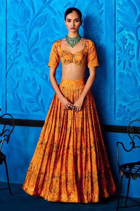 Buy_The Whole Nine Yards_Yellow Satin, Organza Foil Printing, Marigold Muse Printed Lehenga Set _Online_at_Aza_Fashions
