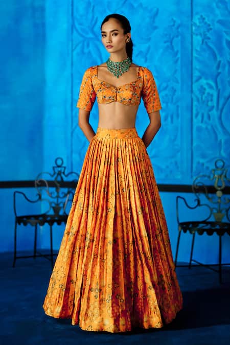 Shop_The Whole Nine Yards_Yellow Satin, Organza Foil Printing, Marigold Muse Printed Lehenga Set _Online_at_Aza_Fashions