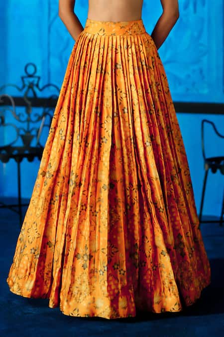 The Whole Nine Yards_Yellow Satin, Organza Foil Printing, Marigold Muse Printed Lehenga Set _at_Aza_Fashions