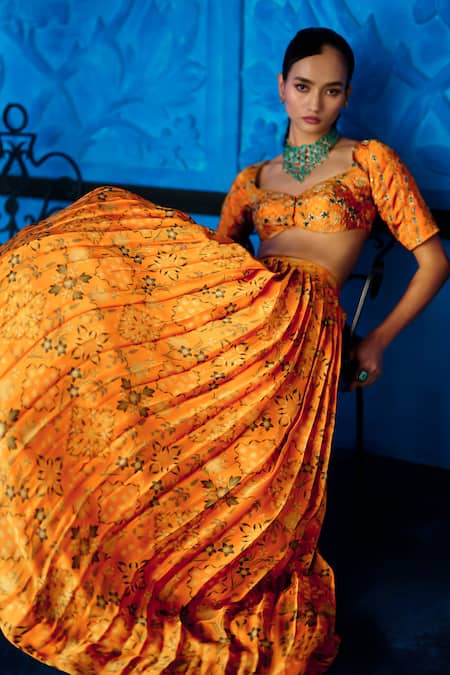 Buy_The Whole Nine Yards_Yellow Satin, Organza Foil Printing, Marigold Muse Printed Lehenga Set 
