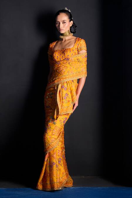 The Whole Nine Yards_Yellow Satin, Organza Beads, Sequins, In Her Glow Printed Saree With Blouse _Online_at_Aza_Fashions