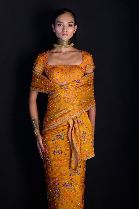 Buy_The Whole Nine Yards_Yellow Satin, Organza Beads, Sequins, In Her Glow Printed Saree With Blouse _Online_at_Aza_Fashions