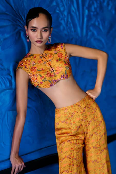 The Whole Nine Yards_Yellow Satin, Organza Embroidery Morning Radiance Printed Crop Top With Sharara _Online_at_Aza_Fashions