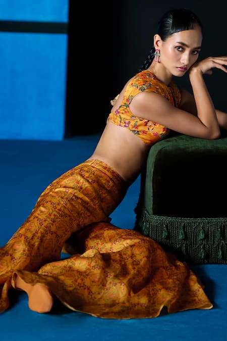 Buy_The Whole Nine Yards_Yellow Satin, Organza Embroidery Morning Radiance Printed Crop Top With Sharara _Online_at_Aza_Fashions