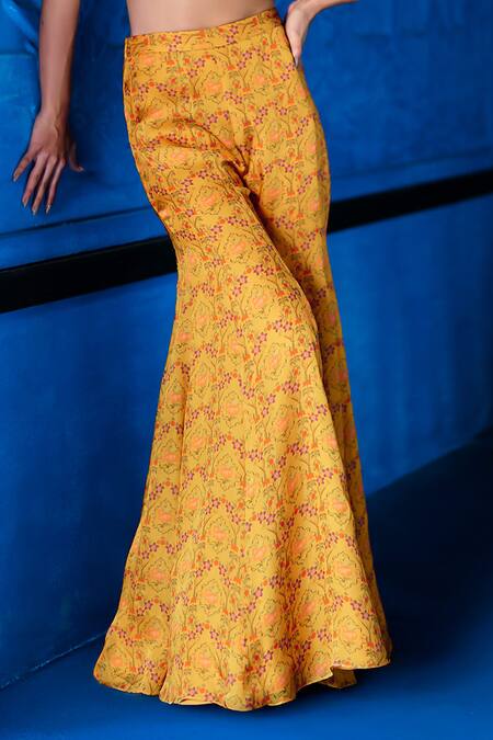 Shop_The Whole Nine Yards_Yellow Satin, Organza Embroidery Morning Radiance Printed Crop Top With Sharara _Online_at_Aza_Fashions