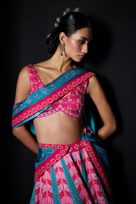 The Whole Nine Yards Pink Satin, Dupion Beads, Sequins, Embroidery Dancing Palm Printed Lehenga Set Online at Aza Fashions The Whole Nine Yards_Pink Satin, Dupion Beads, Sequins, Embroidery Dancing Palm Printed Lehenga Set _Online_at_Aza_Fashions