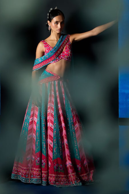 Buy The Whole Nine Yards Pink Satin, Dupion Beads, Sequins, Embroidery Dancing Palm Printed Lehenga Set Online at Aza Fashions Buy_The Whole Nine Yards_Pink Satin, Dupion Beads, Sequins, Embroidery Dancing Palm Printed Lehenga Set _Online_at_Aza_Fashions