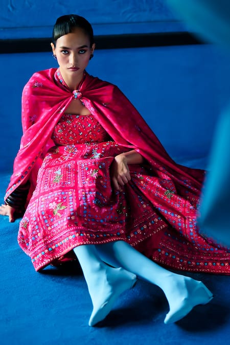 Buy_The Whole Nine Yards_Pink Satin, Dupion Beads, Sequins, Embroidery Her Promise Printed Lehenga Set _Online_at_Aza_Fashions