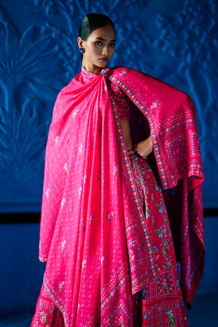 Shop_The Whole Nine Yards_Pink Satin, Dupion Beads, Sequins, Embroidery Her Promise Printed Lehenga Set _Online_at_Aza_Fashions
