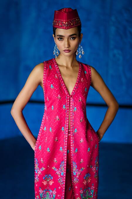 The Whole Nine Yards_Pink Satin, Dupion Embroidery V-neck Boldly Hers Printed Jacket And Palazzo Set _Online_at_Aza_Fashions
