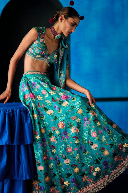 Buy_The Whole Nine Yards_Teal Dupion, Satin, Net Beads, Sequins, Signed With Grace Printed Lehenga Set _Online_at_Aza_Fashions