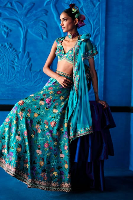 Shop_The Whole Nine Yards_Teal Dupion, Satin, Net Beads, Sequins, Signed With Grace Printed Lehenga Set _Online_at_Aza_Fashions