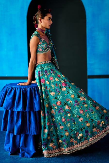 Buy_The Whole Nine Yards_Teal Dupion, Satin, Net Beads, Sequins, Signed With Grace Printed Lehenga Set 