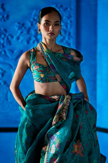 The Whole Nine Yards_Teal Satin, Organza Embroidery Sweetheart Neck Temptation Printed Lehenga Set _Online_at_Aza_Fashions