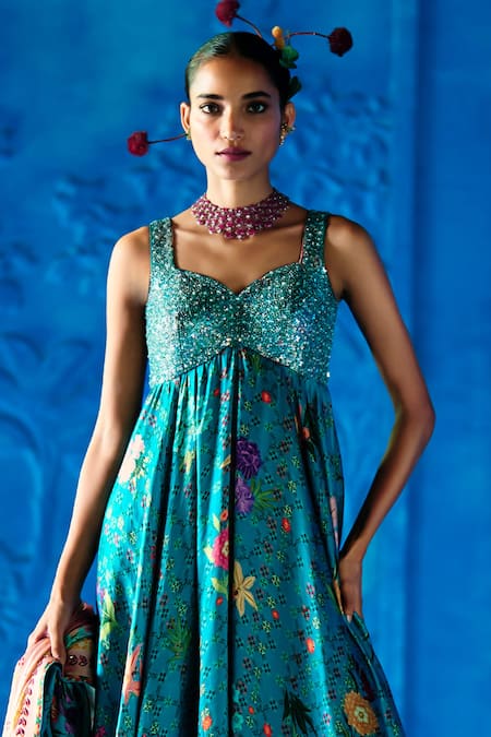 The Whole Nine Yards_Teal Bemberg, Satin Sequins Sweetheart Neck Minted Meadow Anarkali Set _Online_at_Aza_Fashions