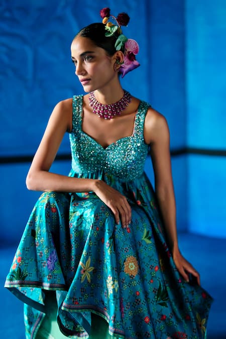 Shop_The Whole Nine Yards_Teal Bemberg, Satin Sequins Sweetheart Neck Minted Meadow Anarkali Set _Online_at_Aza_Fashions