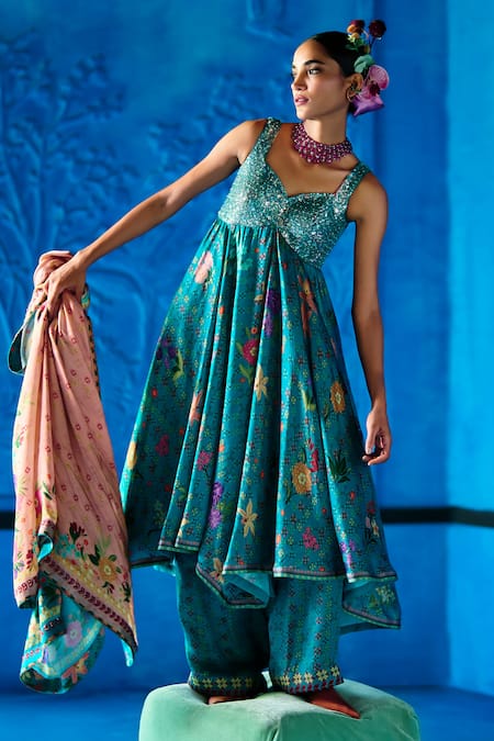Buy_The Whole Nine Yards_Teal Bemberg, Satin Sequins Sweetheart Neck Minted Meadow Anarkali Set 