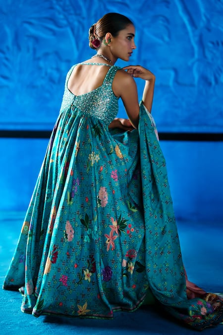 The Whole Nine Yards Minted Meadow Printed Anarkali Set 