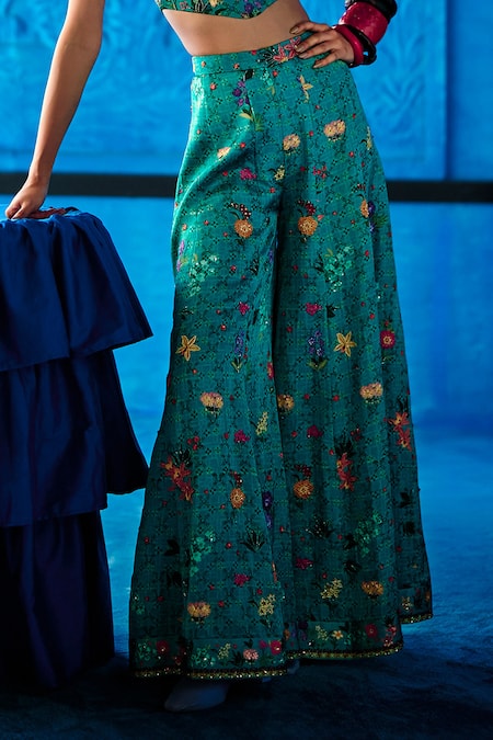 The Whole Nine Yards_Teal Satin, Dupion Embroidery Halter Neck Her Tribe Printed Corset With Sharara _Online_at_Aza_Fashions