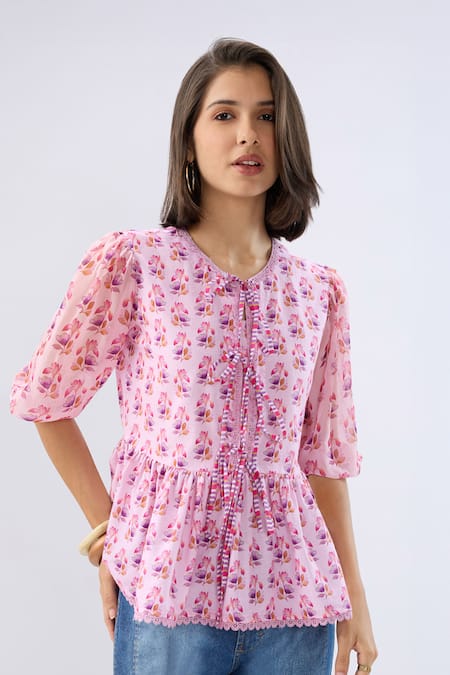 Raw & Rustic By Niti Bothra_Pink Linen, Cotton Lace Round , Keyhole Floral Print Peplum Top _Online_at_Aza_Fashions