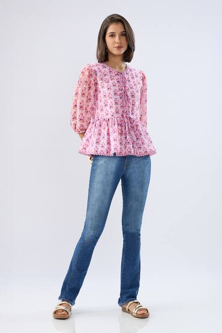 Buy_Raw & Rustic By Niti Bothra_Pink Linen, Cotton Lace Round , Keyhole Floral Print Peplum Top _Online_at_Aza_Fashions