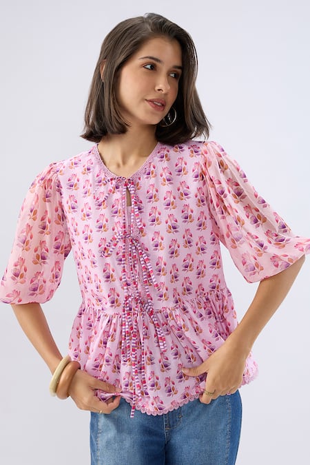 Shop_Raw & Rustic By Niti Bothra_Pink Linen, Cotton Lace Round , Keyhole Floral Print Peplum Top _Online_at_Aza_Fashions