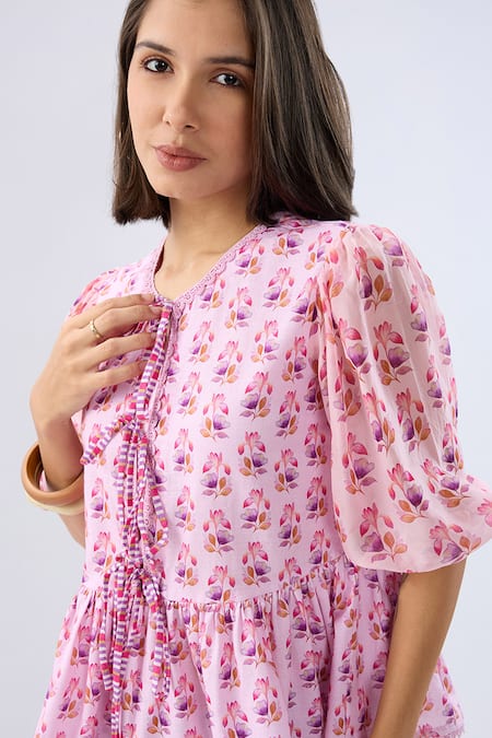 Raw & Rustic By Niti Bothra_Pink Linen, Cotton Lace Round , Keyhole Floral Print Peplum Top _at_Aza_Fashions