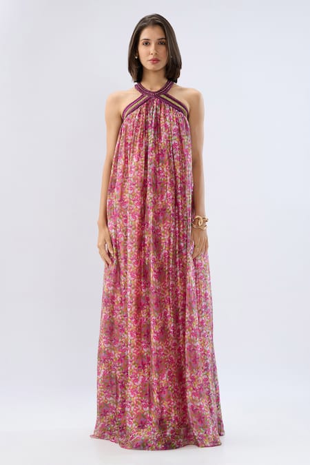 Raw & Rustic By Niti Bothra Pink Halter Neck Printed Dress 