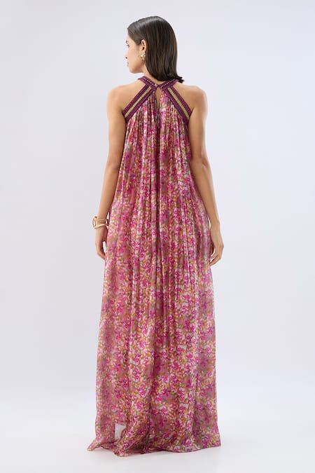 Raw & Rustic By Niti Bothra Pink Halter Neck Printed Dress 