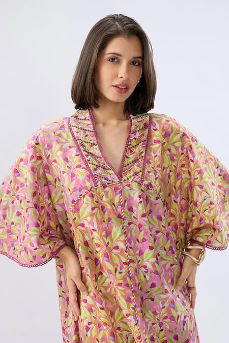 Raw & Rustic By Niti Bothra Pink Linen, Cotton Beads, Embroidery, Piping V-neck Floral Print Kaftan Dress Online at Aza Fashions Raw & Rustic By Niti Bothra_Pink Linen, Cotton Beads, Embroidery, Piping V-neck Floral Print Kaftan Dress _Online_at_Aza_Fashions