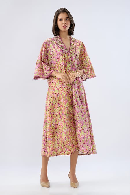 Raw & Rustic By Niti Bothra Pink Floral Print Kaftan Dress 