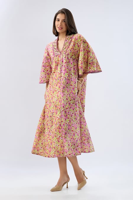 Buy Raw & Rustic By Niti Bothra Pink Linen, Cotton Beads, Embroidery, Piping V-neck Floral Print Kaftan Dress Online at Aza Fashions Buy_Raw & Rustic By Niti Bothra_Pink Linen, Cotton Beads, Embroidery, Piping V-neck Floral Print Kaftan Dress _Online_at_Aza_Fashions