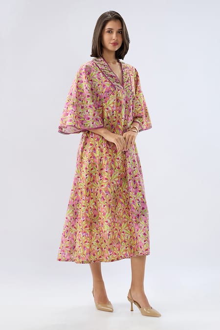 Shop Raw & Rustic By Niti Bothra Pink Linen, Cotton Beads, Embroidery, Piping V-neck Floral Print Kaftan Dress Online at Aza Fashions Shop_Raw & Rustic By Niti Bothra_Pink Linen, Cotton Beads, Embroidery, Piping V-neck Floral Print Kaftan Dress _Online_at_Aza_Fashions