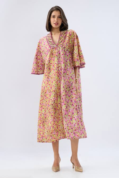 Raw & Rustic By Niti Bothra Pink Linen, Cotton Beads, Embroidery, Piping V-neck Floral Print Kaftan Dress at Aza Fashions Raw & Rustic By Niti Bothra_Pink Linen, Cotton Beads, Embroidery, Piping V-neck Floral Print Kaftan Dress _at_Aza_Fashions